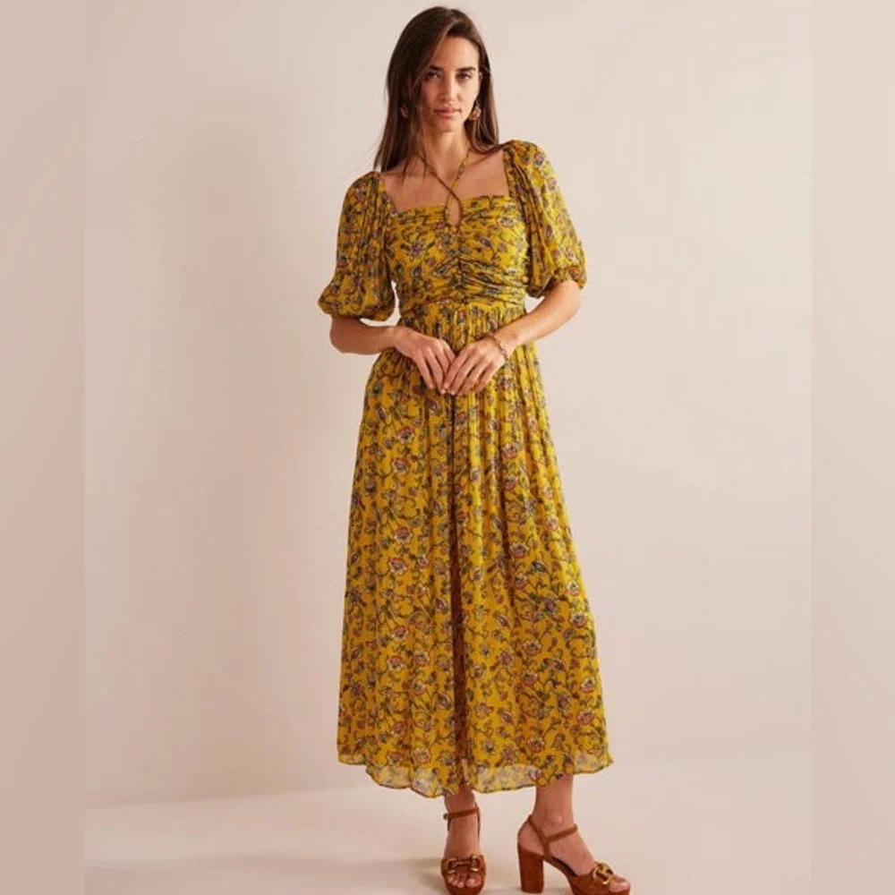 Boden size 10R Halterneck Maxi Dress Mustardseed Floral Smocked Metallic Wedding